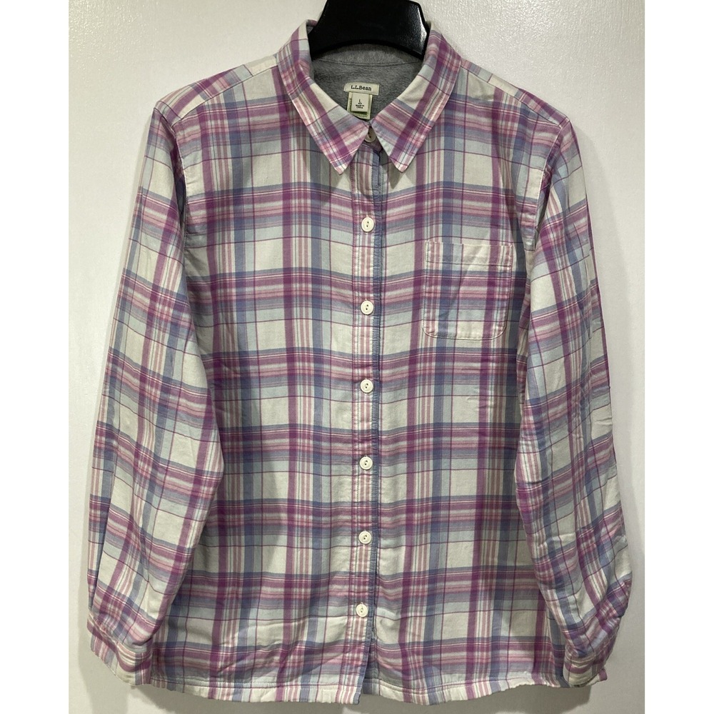 LL Bean Flannel Shirt Fleece Lined Pink Blue White Womens Size Large Heavyweight